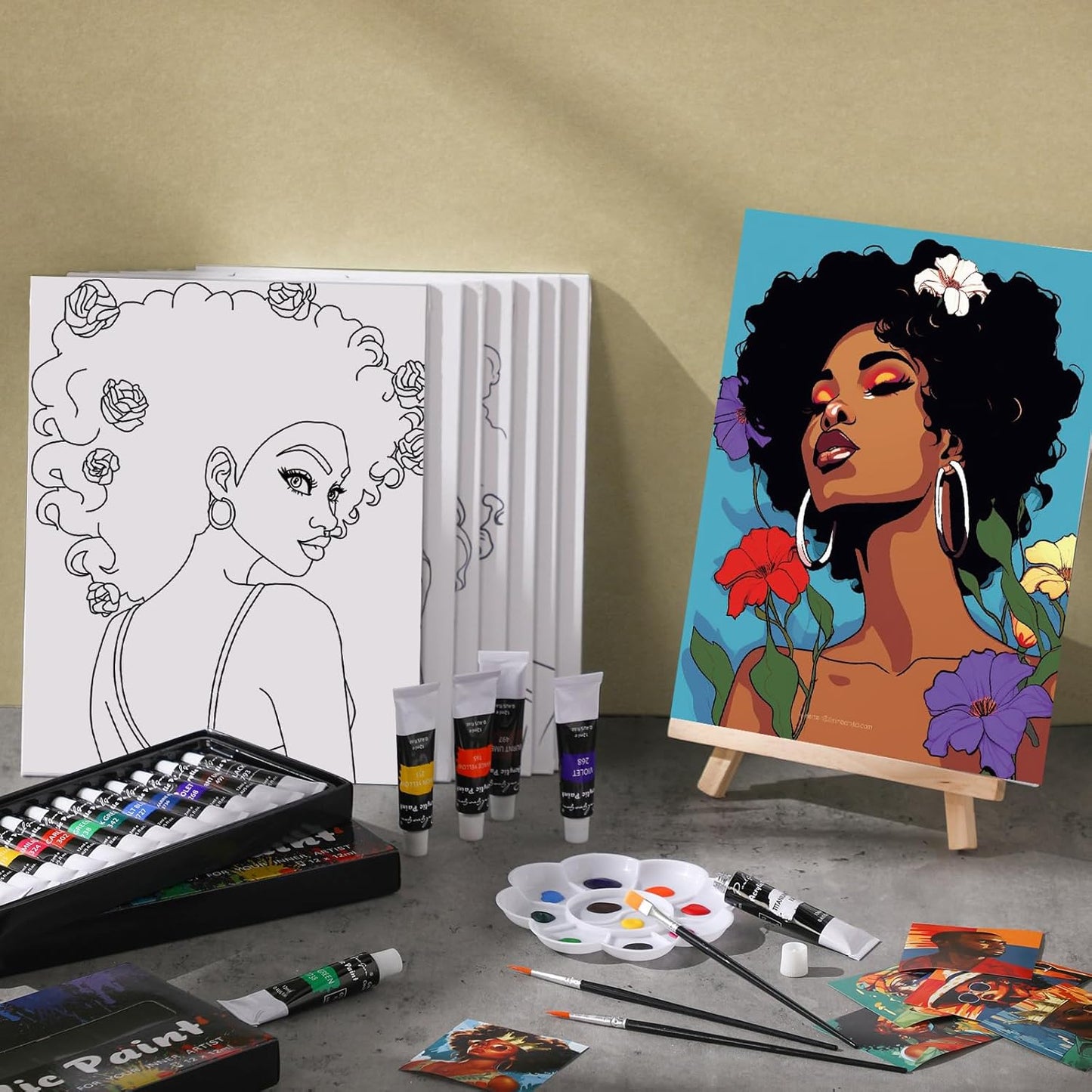 Cholemy 36 Pcs Paint and Sip Kit for Adults 8''x10'' Pre Drawn Canvas for Painting DIY Afro Acrylic Painting Kit Wood Easel Brushes Date Night Bulk for Christmas Party Gifts(Sunshine Lady) - Crafty Corner