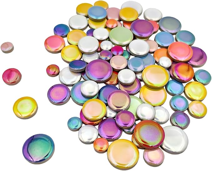 200g Iridescent Round Mosaic Tiles for Crafts Bulk, 11mm-23mm 4 Size Circular Mosaic Ceramic Pieces for Vases, Garden Decor, DIY Mosaic Making (Multicolor)