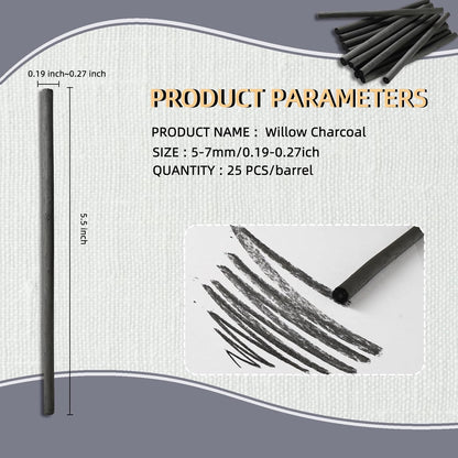 25 PCS Willow Charcoal Sticks, Ideal for Artists, Beginners, Students, Perfect for Sketching, Drawing, Shading, and Fine Art, 5.7 Inches Long, 2-4,4-5,5-7,7-9 (5-7)