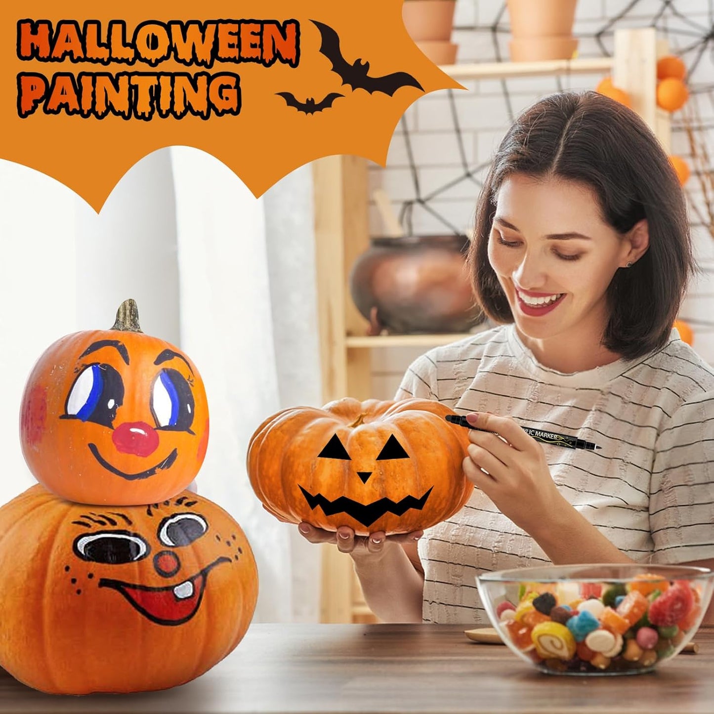 Betem 48 Colors Dual Tip Acrylic Paint Pens Markers, Premium Acrylic Paint Pens for Halloween Decorations, Wood, Canvas, Stone, Rock Painting, Glass, Ceramic Surfaces, Pumpkin Painting Kit DIY Crafts