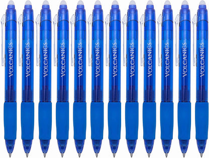 Volcanics Retractable Clicker Erasable Gel Pens - 0.7mm Ball Point, Heat Erase with Built-in Eraser, 12 Pack Blue