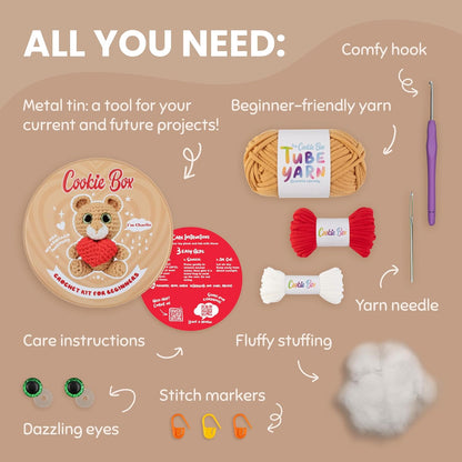Cookie Box Crochet Kit for Beginners – Gift Set to Make Bear Charlie Amigurumi Plushie – Easy DIY Crochet & Knitting Starter Kit with Video and PDF Tutorials