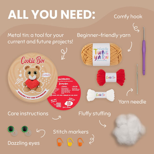 Cookie Box Crochet Kit for Beginners – Gift Set to Make Bear Charlie Amigurumi Plushie – Easy DIY Crochet & Knitting Starter Kit with Video and PDF Tutorials