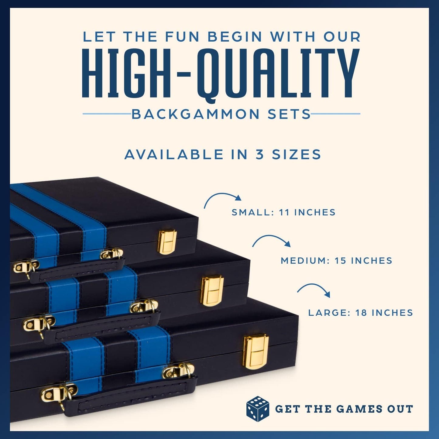 Get The Games Out Top Backgammon Set - Classic Board Game Case 15" Medium Size - Best Strategy & Tip Guide - Available in Small, Medium and Large Sizes (Blue, Medium)