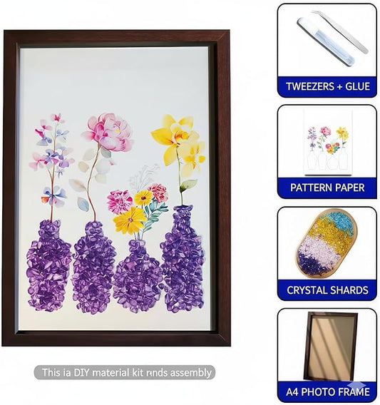 Boohyjtong DIY Real Amethyst Crystal Art Kit with Frame - 3D Purple Gemstone Vase Wall Decor - Natural Healing Stone Mosaic Craft for Adults - Relaxing February Birthstone Gift for Women