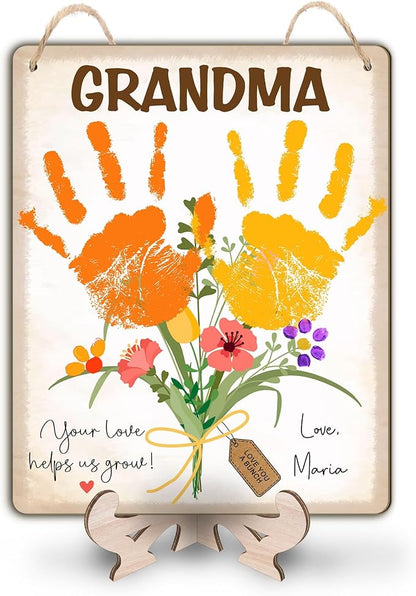 Custom DIY Baby Handprint Flowers Wooden Hanging Sign, Personalized Flowers for Grandma with Kids Handprint, Baby's First Mothers Day Gifts for Grandma, Kids Art Craft, Thanks for Helping Us Grow