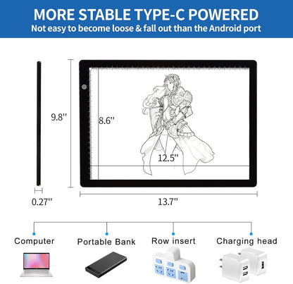 A4 Ultra-thin Portable LED Light Box Tracer with 4 Magnets, Type C USB Power Cable Stepless Dimmable Brightness Tracing Light Pad for Weeding Vinyl Tattoo Drawing X-ray Viewing Diamond Painting