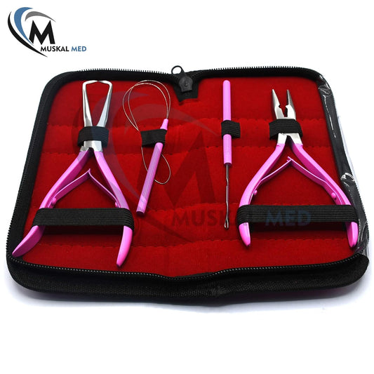 Professional Hair Extension & Beading Tool Kit Remove Plier Set for beads (4 Piece) I-Link Micro Ring Loop Needle Pulling Hook Threader Wire for Silicone Rings (Hot Pink)