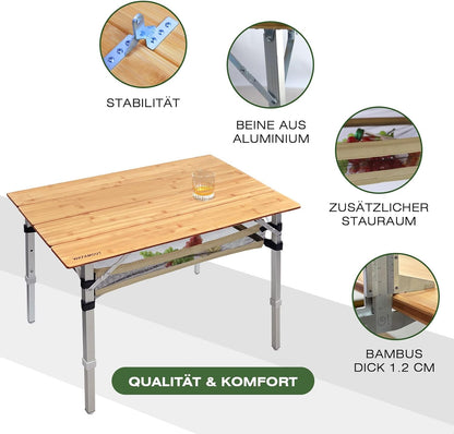 Bamboo Folding Camping Table 4 Folds with Adjustable Aluminum Legs Portable Picnic Table with Storage and Carry Bag for Outdoor Hiking Beach 2-4 Person