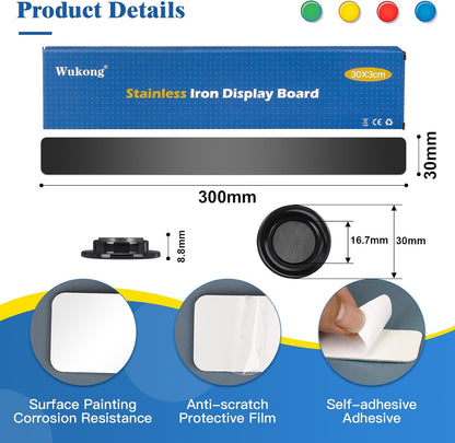 Wukong 4 Pack | 30x3cm(11.81 x 1.18) Magnetic Stainless Black Boards Strips, Adhesive Backing Bulletin Bar Board, Memo Board with 16Pcs Colorful Magnets for Office, Home, Photo Wall, Documents