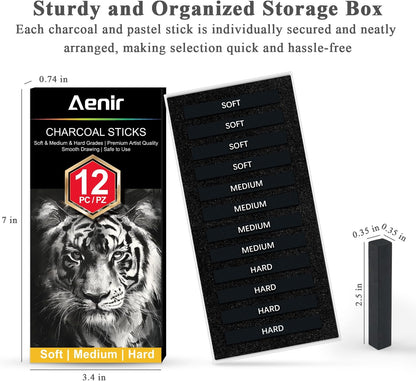 Compressed Charcoal Sticks Set of 12 – Soft, Medium, Hard Charcoal for Drawing, Sketching & Shading – Art Supplies for Artists, Beginners & Adults