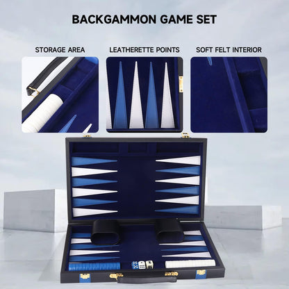 GSE Games & Sports Expert Premium Leather Backgammon Board Game Set, Classic Backgammon Game Set with Leather Case, Travel Folding Board Game (Black&Blue, Large)