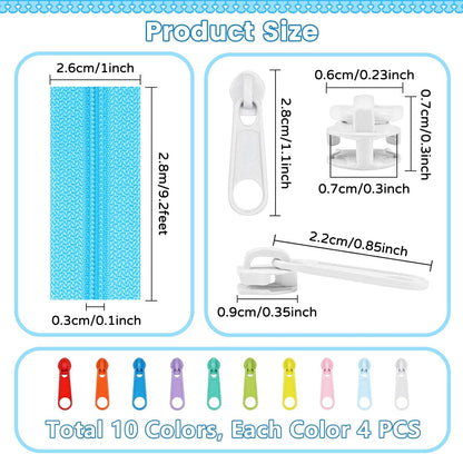 DOITEM 31 Yards 10 Pieces Sewing Zippers #3 Nylon Coil Zippers Assorted Zipper for Sewing with 40 Zipper Sliders for Tailor Sewing Crafts Supplies, 10 Color