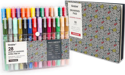 Grabie Acrylic Paint Pens Markers, 28 Colors, 0.7 mm, Extra Fine Tip Drawing Markers, Premium Paint Pens for Painting on Various Surface, Art Supplies, Set of 28