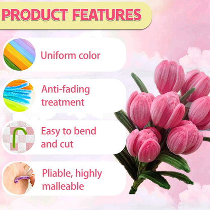 400 Pcs Pipe Cleaners Craft with Pastel Colors, Chenille Stems Flowers Craft Kit with Floral Wires, Floral Tape, Stamen & Ribbon, Pink Pipe Cleaner Flower Kit for Wedding Gift, Holiday Decoration
