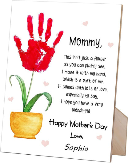 rorusio Mommy Handprint Poem, Happy Mothers Day Sign with Stand and Hook with Stand and Hook - 9x12 Inch, Mothers Day Crafts Handprint Keepsake, Personalized Gifts for Mom from Daughter & Son