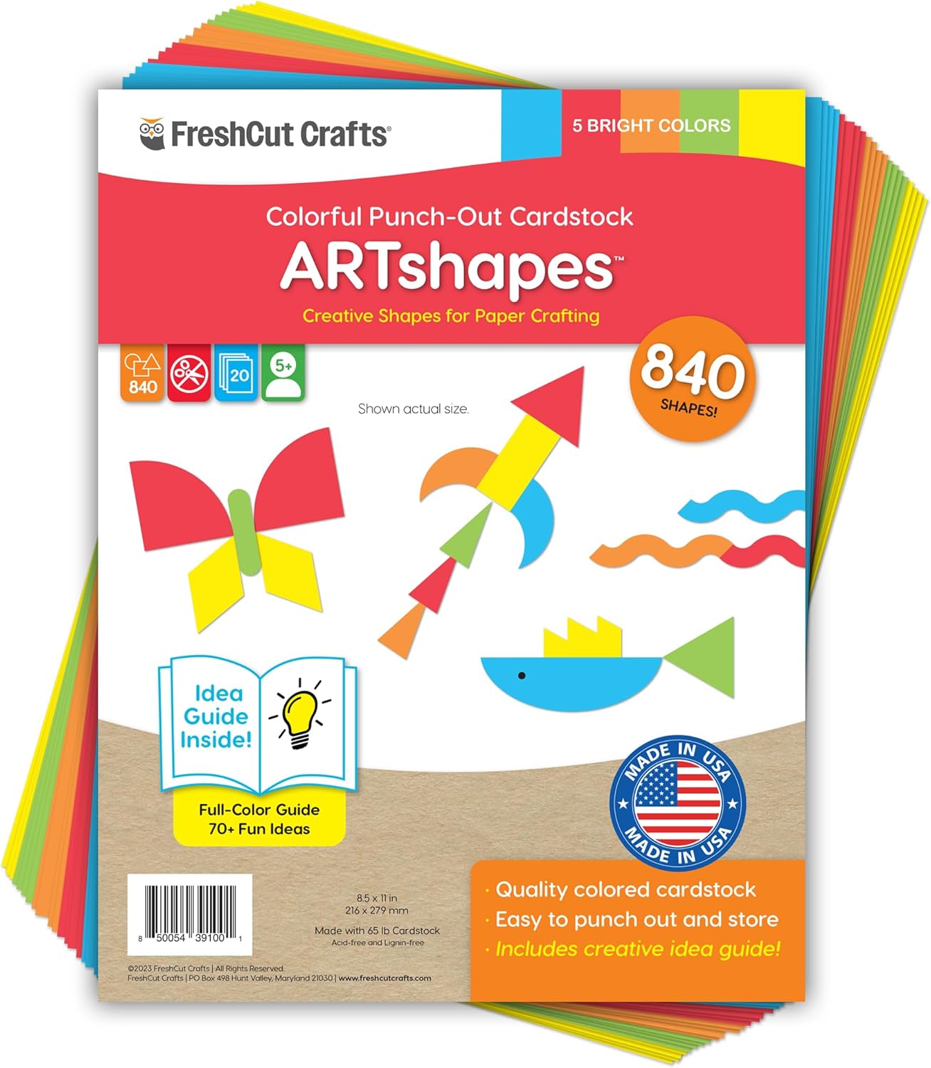 ARTshapes 840 pc Creative Paper Shapes Pack with 70+ Idea Guide - US Made Card Stock - Punch Out Funky DIY Craft Supplies for Whimsical Art Designs, Paper Crafts, and Pattern Play 5 Bright Colors - Crafty Corner