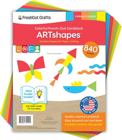 ARTshapes 840 pc Creative Paper Shapes Pack with 70+ Idea Guide - US Made Card Stock - Punch Out Funky DIY Craft Supplies for Whimsical Art Designs, Paper Crafts, and Pattern Play 5 Bright Colors - Crafty Corner