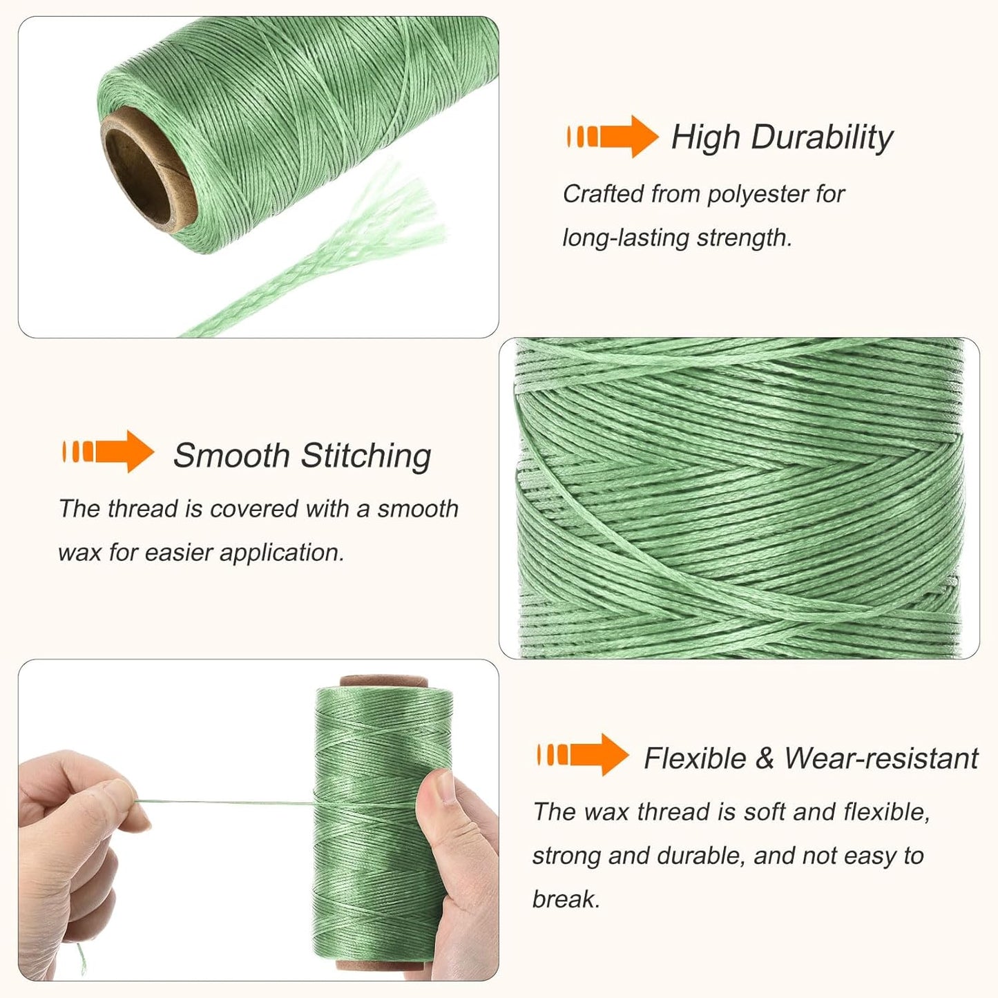 MECCANIXITY Waxed Thread,284 Yard 0.8mm 150D Flat Wax Thread Polyester Waxed String for Leather Sewing Hand Weaving Book Binding Home Decoration,Grass Green