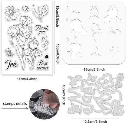 ORIGACH Iris Layering Stencil Stamp and Die Set for Card Making, Flower Stencil Template Silicone Clear Stamps and Metal Die Sets for DIY Scrapbooking Photo Album Crafting