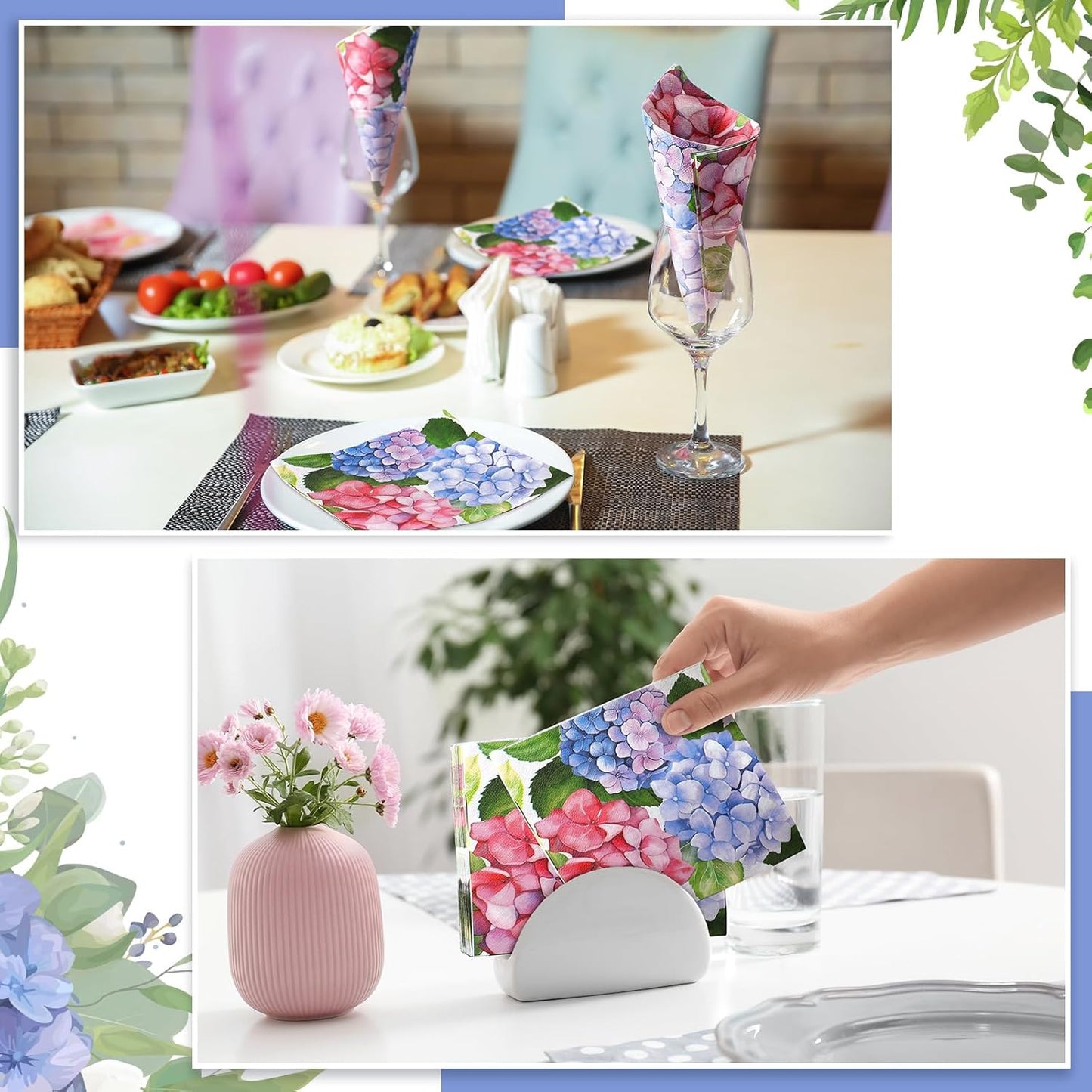 60 Pcs Hydrangea Cocktail Paper Napkins 6.5 x 6.5 Inches Disposable Paper Napkins Dessert Beverage Napkin for Decoupage Luncheon Napkin for Party Wedding Birthday Party