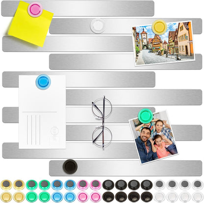 Wukong 10 Pack | 30x3cm(11.81 x 1.18) Magnetic Stainless Silver Boards Strips, Adhesive Backing Bulletin Bar Board, Memo Board with 32Pcs Colorful Magnets for Office, Home, Photo Wall, Documents