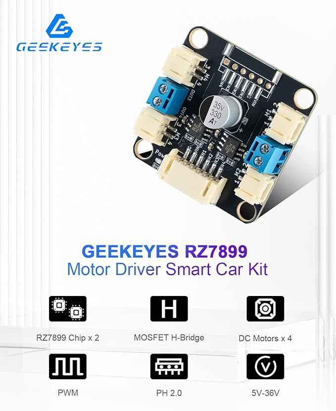 Motor Driver Kit with Dual RZ7899 Chip Board + 4 DC Motors + PH2.0 to Dupont Cable, Ultra-Thin High-Efficiency Design, Ideal L298N Replacement for Arduino/Raspberry Pi/ESP32 Projects