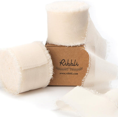 Ribbli Cream Chiffon Ribbon 1-1/2 inch x 20 Yard Handmade Fringe, Chiffon Silk Vanilla Cream Ribbon for Wedding Invitations, Bridal Bouquets, Flower Arrangement Decoration - Crafty Corner