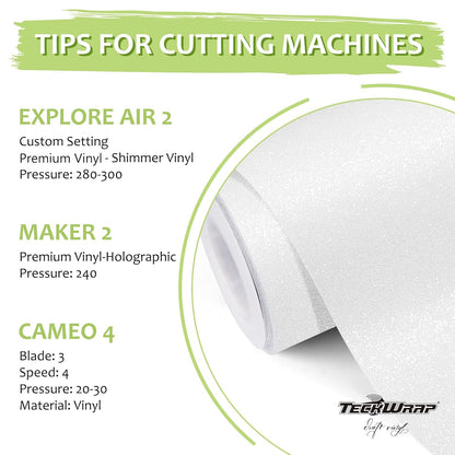 TECKWRAP White Permanent Glitter Vinyl – White Glitter Adhesive Vinyl Roll 1ft x 5ft, Shimmer Vinyl for DIY Crafts, Decals, Stickers