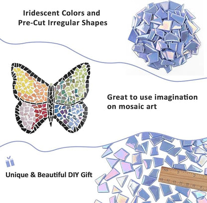 Youway Style Iridescent Glass Mosaic Tiles for Crafs Bulk,200g Sky Blue Broken Stained Glass Pieces for Crafts DIY Mosaic Art Decor,Garden Mosaic Supplies
