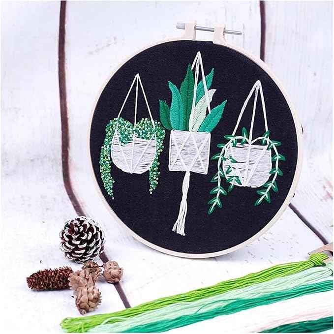BlingBling5 Embroidery Kits for Adults Full Range of Starter Including Instructions Stamped Cloth with Pattern Hoop Color Threads and Tools Punch Needle Kit(Cactus Green Plants)