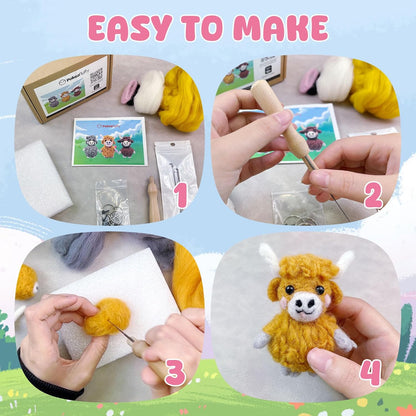 Needle Felting Kit, 3 Pcs Highland Cow Wool Needle Felting Kit for Beginners & Adult, Animal Doll Making Set with Video Instruction, Craft Party Supplies, Tools & Foam Pad, DIY Birthday Gift