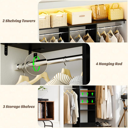 48" Small Closet Organizer, 4FT Small Closet System with 4 Closet Rods & 3 Shelves, 80"H Small Closet Organizers and Storage for Small Bedooms, Cloakrooms, Laundry Rooms, Black