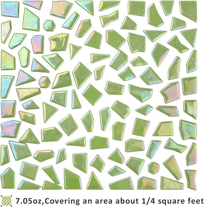 Youway Style Iridescent Glass Mosaic Tiles for Crafts Bulk,200g Green Broken Mosaic Glass Pieces for Garden Crafts Kits,DIY Mosaic Art Decor