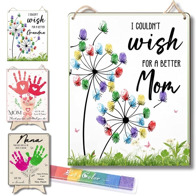Dandelion DIY Fingerprint Art Hanging Sign, Mothers Day Fingerprints Craft, Baby's First Finger Print Mother's Day Gifts for Mom, Project Memory Keepsake Kids Activity PreK Preschool (Wish Mom)