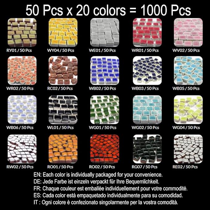 Ceramic Tile 3/16 inch 5mm Mosaic Tiles for Arts and Crafts 1000 Pieces, 20 Colors x 50 Pcs, MXAL