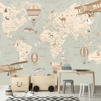 AFZEVEB-Vintage Animal Wallpaper Cartoon Aircraft Map Wall murals for Kids Room 136"x96"(Not Peel and Stick)