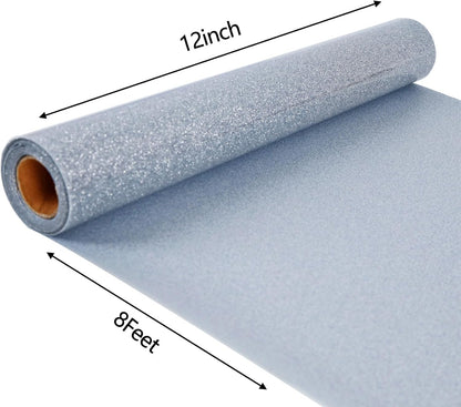 FUNKAKA Glitter Silver HTV Heat Transfer Vinyl Rolls, 12" x 8ft PU Iron on Vinyl for T-Shirt Silver Glitter HTV Vinyl for All Cutter Machines Easy to Cut & Weed for Heat Vinyl Design
