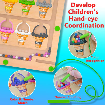 Magnetic Color & Number Maze - Montessori Wooden Color Matching Learning Counting Puzzle Board - Toddler Fine Motor Skills Toys for Boys Girls 3 4 5 Years Old