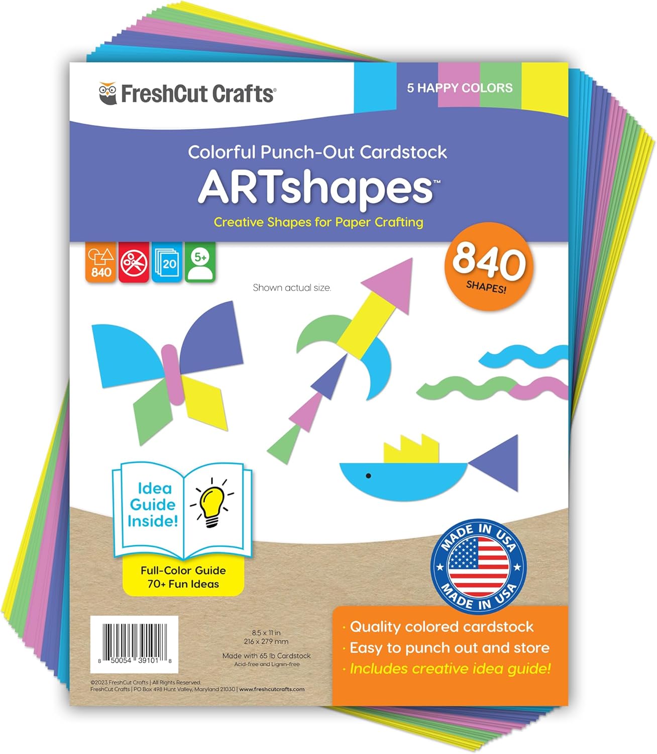 ARTshapes 840 pc Creative Paper Shapes Pack with 70+ Idea Guide - US Made Card Stock - Punch Out Funky DIY Craft Supplies for Whimsical Art Designs, Paper Crafts, and Pattern Play 5 Happy Colors - Crafty Corner