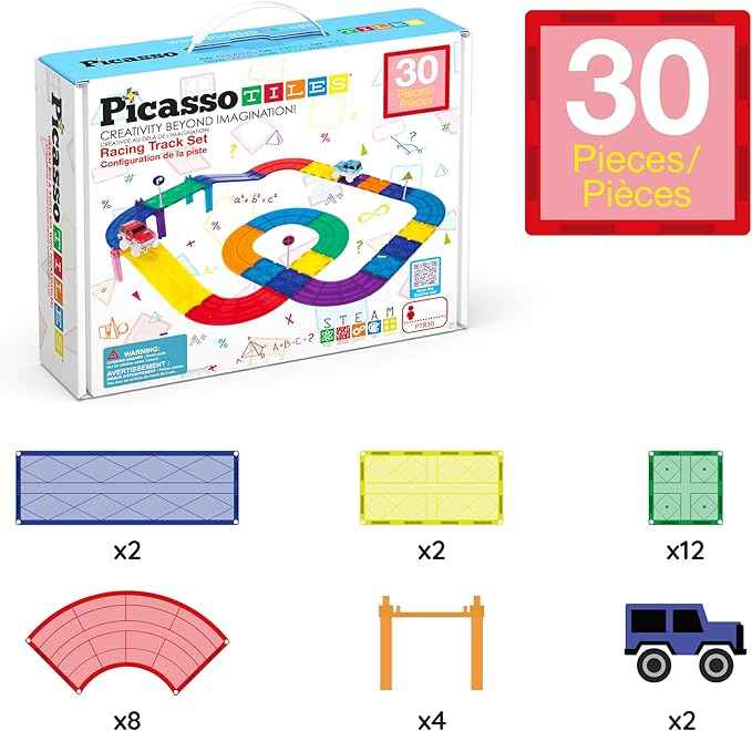 PicassoTiles Magnetic Tiles Race Track Car Thrilling Toy Playset Includes 2 Racing Trucks STEM Educational Magnet Tile Building Block Construction Set for Toddlers Boys Girls Ages 3 and Older PTR30