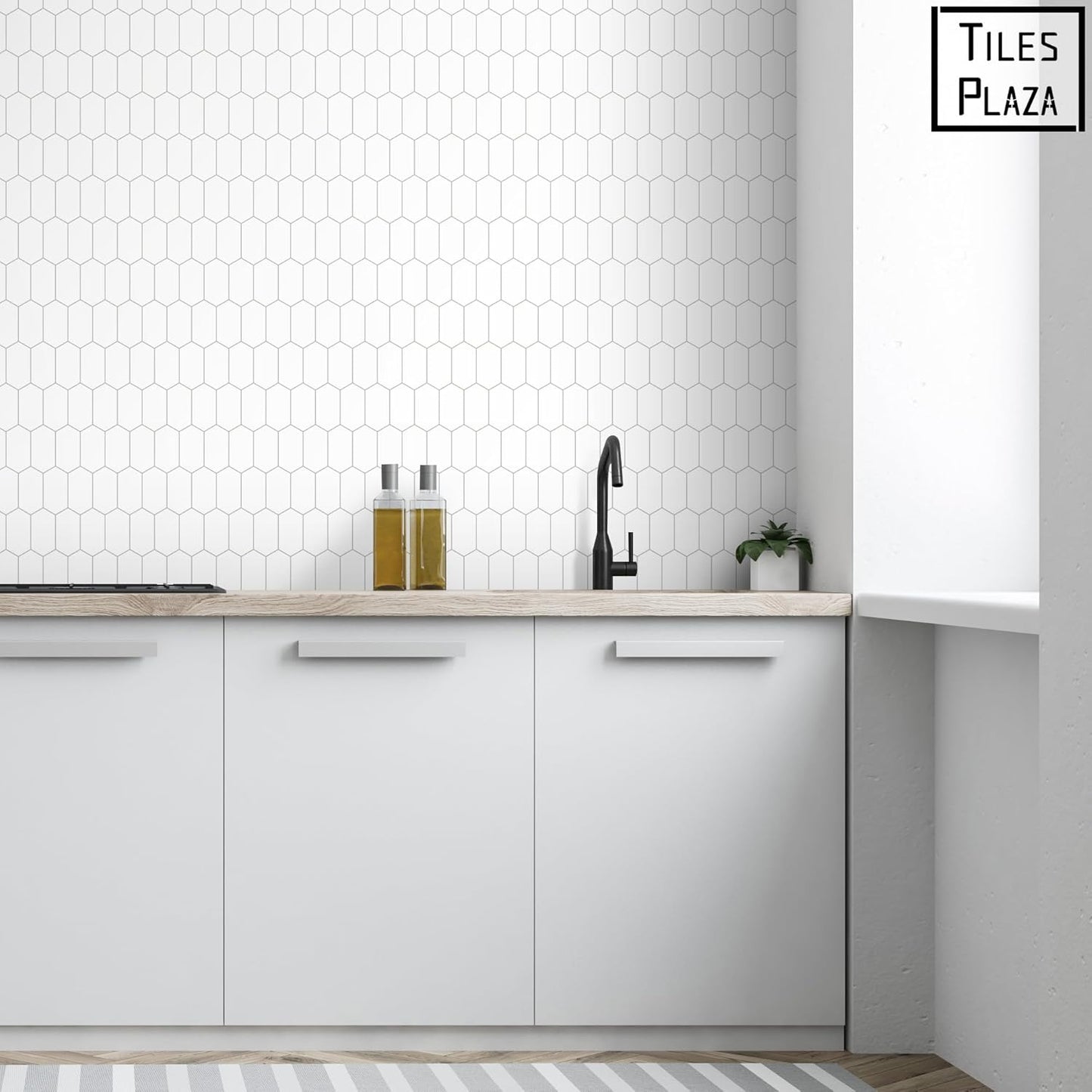 The Tiles Plaza 10-Sheet Peel and Stick Backsplash, White Long Hexagon Self Adhesive Wall Tile, Stone Composite Stick On Decorative Mosaic Tile for Kitchen Bathroom Fireplace