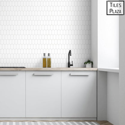 The Tiles Plaza 10-Sheet Peel and Stick Backsplash, White Long Hexagon Self Adhesive Wall Tile, Stone Composite Stick On Decorative Mosaic Tile for Kitchen Bathroom Fireplace
