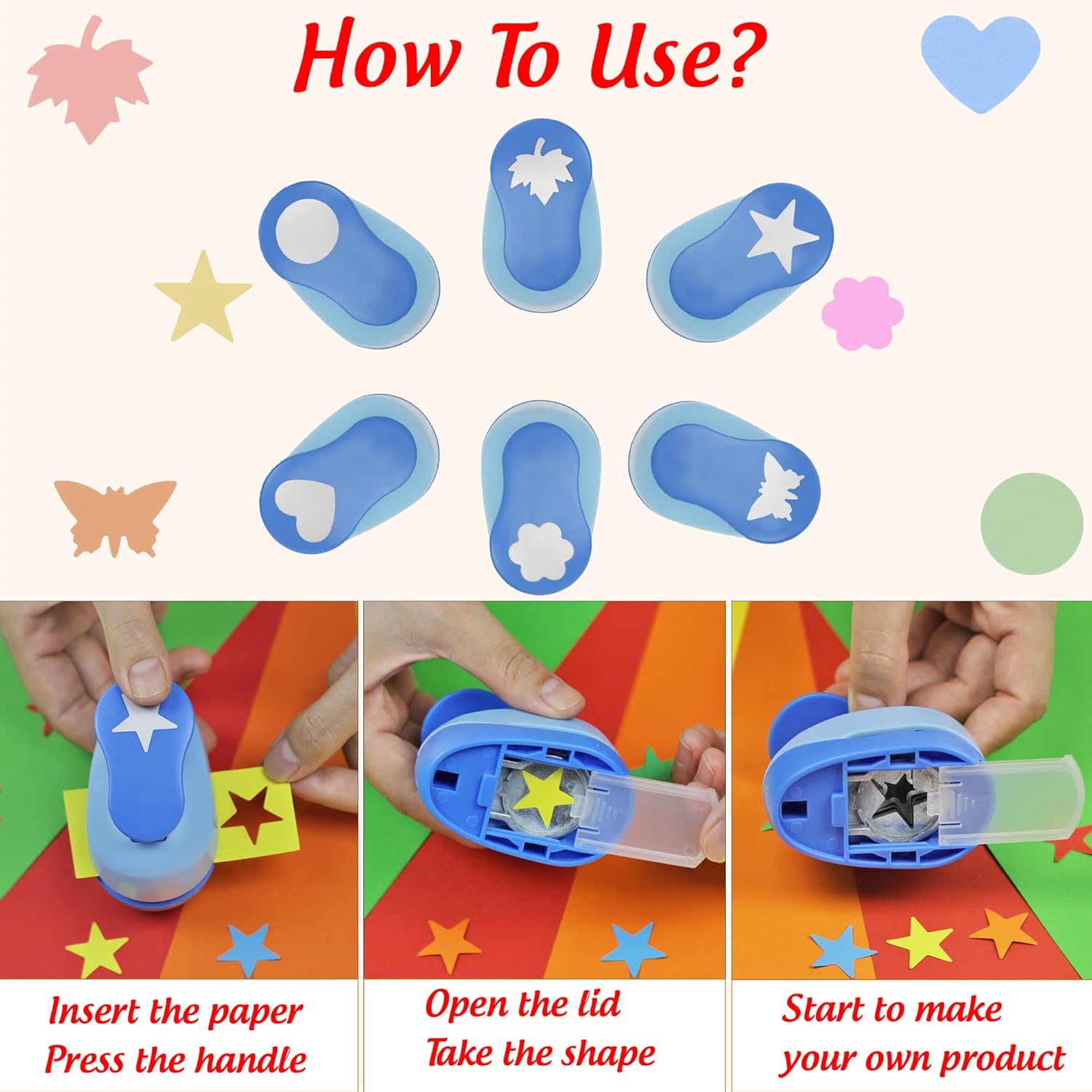 Set 6 Craft Hole Punch 1-inch, Craft Punchers - Heart, Circle, Star, Butterfly, Maple Leaf, Flower Paper Punch Sets for Crafting & DIY Projects. (Set 6) - Crafty Corner