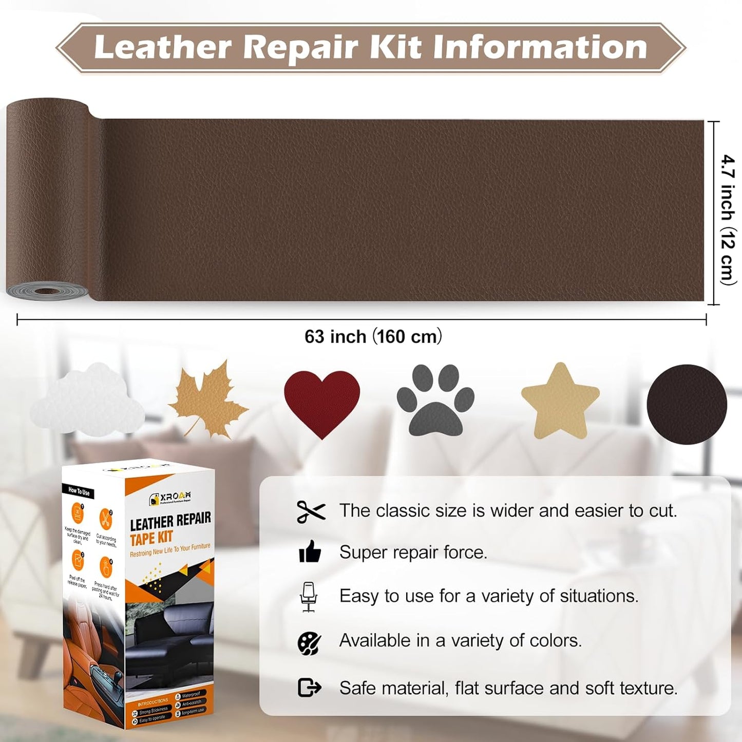 Leather Repair Tape, 4.7x63 inch Leather Patches for Furniture, Self Adhesive Leather Repair Patch for Sofas, Couches, Leather Covers, Seats, Chairs, Vinyl Repair Tape Red-Fine Grain