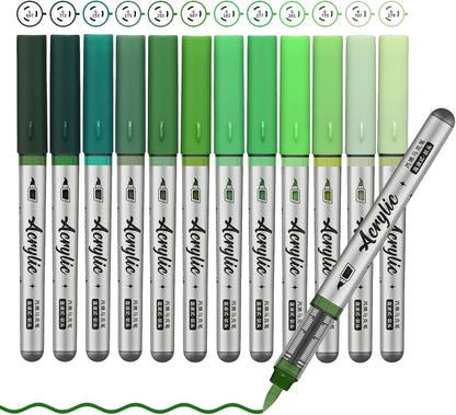 Green Acrylic Paint Pens,12 Color Paint Pens Markers,Brush Tip Paint Pens for Rock Painting Wood Glass Ceramic Canvas Stone DIY Crafts Making Art Supplies