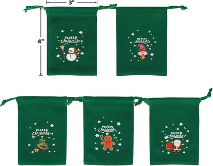 Tapleap Christmas Bags with Drawstring - 50Pcs 3x4 Green Velvet Coth for Wrapping Christmas Party Favors or Gifts for Friends, Children, Customers