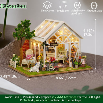 TuKIIE DIY Miniature Dollhouse Kit with Furniture, 1:24 Scale Creative Room Wooden Doll House Plus Dust Proof & Music Movement for Kids Teens Adults(Sunshine Greenhouse)