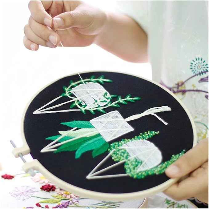 BlingBling5 Embroidery Kits for Adults Full Range of Starter Including Instructions Stamped Cloth with Pattern Hoop Color Threads and Tools Punch Needle Kit(Cactus Green Plants)