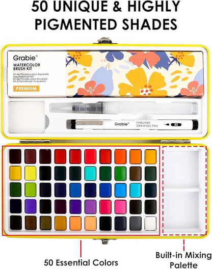 Grabie 50 Colors Premium All-In-One Water Color Paint Set - Detail Paint Brush Included, Watercolor Paints, Painting Sets, Art Supplies, Portable & Travel Watercolor Set, Amateur Hobbyists